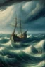 Placeholder: Rain and storm in an ocean with high waves , a ship is sinking , Bosch painting style