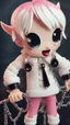 Placeholder: A close picture to blind cute vampire with white and pink short hair, slave, Tusks, malicious smile, Handcuffs, Weapon handcuffs in Stop-motion animation model with dynamic art style witg