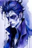Placeholder: An ink wash and watercolor illustration of a young Goth vampire male with highly detailed hair and facial features , in the abstract expressionist style, indigo and amethyst, ragged and torn Victorian costumes, hard , gritty, and edgy depictions, portrait vibrant forms, bat, ethereal, otherworldly
