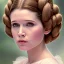 Placeholder: flower framed complete and photo realistic detailed head to waist stunning photo realistic portrait of young carrie fisher as Princess Leia in star wars with photo realistic hairstyle by Mandy Jurgens and mucha and Richard Schmid and chuck close and chie yoshii, extraordinary and detailed ceremony dress of star wars,brown eyes