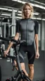 Placeholder: photography of a beautiful anorexic woman, grey satin triathlon top, sports illustrated, blond short wavy bob haircut, pronounced sternum, flat chest, anthracite cycling leggins
