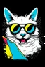 Placeholder: A sleek black cat wearing sunglasses, playfully swatting at a fluffy white dog with a mischievous grin. Style: Pop art, with bold outlines and vibrant colors. Mood: Playful and energetic. Lighting: Bright and flat colors. T-shirt design graphic, vector, contour, white background.