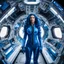 Placeholder: wide-angle photo of a woman in an electric blue suit, with long glowing blue wavy hair, on a space station with views into space