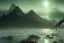 Placeholder: Cthulhu rising, dark, ocean, mist, mountains in background