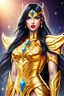 Placeholder: SUPER PRETTY WOMAN, WEARING A GOLDEN ARMOUR, ZODIAC SIGN TAURO, BLACK LONG HAIRED, RED LIPS, SERIUS MODE, cosmoenergy around her, starlights background,SAINT SEIYA INSPIRED