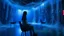 Placeholder: Multiple empty chairs in a room with a reflective floor surrounded by a dense network of BLUE threads that hang from the ceiling like cobwebs, some of the threads are luminous. In only one of the chairs is a woman sitting dressed in white,