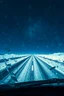 Placeholder: surreal road in space seen through a dirty truck front window, dirty blue snow and wind