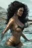 Placeholder: a beautiful woman, long curly black hair,closed eyes,coming from beneath the water,braking the surface with her face just coming out the water,looking up symbolism for breaking free. realistic,8k quality, action close shot from areal view,highly detailed , chaos 80