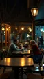 Placeholder: Cafe table outside with at night with dim lights on the tables in the style of vincent van Gogh, without people and animals only a couple lovers with a dog