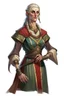 Placeholder: d&d high elf female in her fifties wearing medieval dress with hands behind her back
