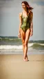 Placeholder: beautiful anorexic woman, full body shot, short shiny olive triathlon swimsuit, medium length wavy bob haircut, photographed on the beach, raw, red hair, healthy