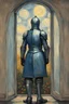 Placeholder: knight stood gazing through a window, classical 1800s van gogh artwork style, portrait