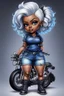 Placeholder: create an airbrush illustration of a chibi cartoon voluptuous black female wearing a blue jean outfit with biker boots. Prominent make up with hazel eyes. Extremely highly detail of a very low platinum blonde pixie haircut. Background of a bike show.