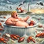 Placeholder: Donald Trump as a Fat man in a claw foot bathtub sinking in the ocean. Water lapping at the top of the tub. Panic on his face. Scared, screaming for help. Surrounded by seagulls, lobsters and crabs. there is a colorful light house with stormy skies in the background. Lightening and wind blows. He's in trouble.