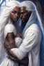 Placeholder: young dark-skinned sorceress with blue eyes and straight long snow-white hair, hugging her betrothed white man