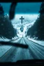 Placeholder: surreal mountain road seen through a dirty truck front window, dirty blue snow and wind, virgin mary hanging