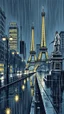 Placeholder: An atmospheric, Paris Eiffel Tower fine lines draw noir-style illustration of a rainy cityscape at night, featuring glowing streetlights reflecting off the wet pavement, towering Art Deco skyscrapers, and a statue evoking a sense of intrigue and timelessness.