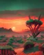 Placeholder: an alien landscape, highly-realistic, inspired by the movie Dune, thick dark green vegetation, ancient extinct plants blood-red sunset over the sky, cinematic, 35mm, long-distance shot