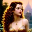 Placeholder: Hyperdetailed oil on canvas, young robyn lively by an ornate fountain, goldfish pond, lotus, detailed face, long muti-hued red curly hair; by gaspar camps, maxfield parrish, alphonse mucha, cyril rolando, dan mumford; luminous colorful sparkles, glitter, airbrush, octane render, volumetric lighting, 16k