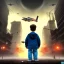 Placeholder: a little boy in a apocalypse city with big buildings, and smoke in the air, with flying machines, cats in the streets