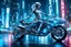 Placeholder: transparent glass blue shiny cyborg woman riding a transparent glass-metallic futuristic motorcycle, high cyber city background, high detailed, cyberpunk style, high contrast, dramatic low angle, full body visible, legs visible, the way with neon lights, sharp focus, perfect composition, measterpiece