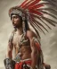 Placeholder: Guaicaipuro, native american god, 30 years old, Muscular warrior, red feathers headdress, shirtless, fearce look