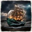 Placeholder: view of turbulent swells of a violent ocean storm, inside a glass bottle on the beach ม dramatic thunderous sky at dusk at center a closeup of large tall pirate ship with sails, breaking light