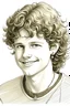 Placeholder: Drawing of a White boy 18 years old with dark blonde curly mullet hair and one silver circle earring. He is smilling