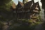 Placeholder: large medieval gothic, wooden inn, with a balcony, next to a sloping, cobbled road, in a wood, dense foliage, photo-realistic