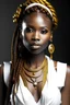 Placeholder: african fantasy girl with braids and citrine eyes wearing in white long coctail dress