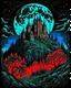 Placeholder: Moon, black night, shadowy old castle, dark forest in the background,HDR,UHD,8K, best quality, masterpiece, Highly detailed, ultra-fine painting, Urban Pulse::2 Street Art, deconstructionism, typographic expression, vibrant colors, urban surrealism, synthwave:: t-shirt vector, center composition graphic design, plain background::2 mockup::-2 --upbeta --ar 1:1