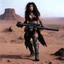 Placeholder: tattooed Julie Strain in action, standing on a dusty hill in the badlands - Heavy Metal F.A.K.K.2 her machine-gun in hand (shot from The Dark Crystal, 1982 dark fantasy film directed by Jim Henson and Frank Oz)