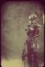 Placeholder: steampunk, vintage analog polaroid of a woman robot, female body, fog, lomography, heavy film grain, rain, color bleed, depth of field, bokeh, retro