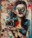 Placeholder: happy beautiful girl holding big proffesional camera in studio. street art, oil on canvas, spray paint, collage, letters, newspapeers, Dave McKean, Vladimir Fedotko, Saturno Butto, Vaughn Bodé, Frank Wu, James C. Christensen, collage, dirty, paint dripping, radiant