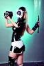 Placeholder: Cyber-punk style camera-mask. Large fencing mask covers cheeks. Trim girls. Reflective white plastic skin. Camera lenses as eyes. Head full of integrated old-fashioned cameras. Golden to cyan surfaces body, latex. Perfect body, thick thighs and calves. Asa Akira. Selfies with old-fashioned cameras in both hands. Wide hip, skirt bleats nicely. Camera at mons veneris and nipples. Partly symmetrical. Three Cameras hanging on wide plastic belt. Euclidean 3D-tiling. Fractal-camera-lens.Minimalism