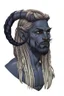 Placeholder: A tieffelin with blue skin and white Dreadlock hair. His pupil-less eyes are green. He wears a small beard.