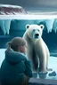 Placeholder: Niño y niña observan con tristeza cómo el glaciar se derrite y cae en el mar, a un lado un oso polar se con una mirada de preocupación