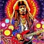 Placeholder: WOODSTOCK, hippie JIMI HENDRIX Santa playing electric guitar, psychedelic, peace sign, MUSHROOMS, TRIPPY, ACID, LSD, dreadlocks