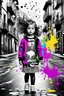 Placeholder: Mixed media picture, the background is black and white line art cityscape. In the middle a colorful photo of a little girl playing in the street, the girl is wearing colorful clothes, her hair is black. enhancing the contrast between her and the black and white cityscape, splash art