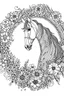 Placeholder: portrait of horse and background fill with flowers on white paper with black outline only, style mandala