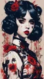 Placeholder: Poster in two gradually, a one side malevolent goth vampire girl face and other side the Singer Melanie Martinez face, full body, painting by Yoji Shinkawa, darkblue and sepia tones, wears a smart shirt which is embroidered with red flowers and ornaments, has dark eyes and horns