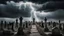 Placeholder: Creepy cemetery, frame from a horror movie, black clouds, lightning, gray tones