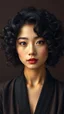 Placeholder: grant wood painting style , a portrait of a beautiful asian woman with curly hair , front view with dark brown side lighting background, ultra high quality with ceramic lighting