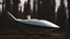 Placeholder: sleek cargo spacecraft landing in a clearing surrounded by trees