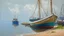 Placeholder: Impressionist port scene with a beached boat and a misty, serene atmosphere.