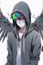 Placeholder: Anime man with black wings, realistic, wearing a hoodie