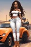 Placeholder: Create a digital airbrush cartoon of a curvy African American female wearing tight white jeans and a off the shoulder orange blouse. She is also wearing timberland boots. Prominent make up with hazel eyes. Highly detailed very long extremely dread locs black hair. Her skin is smooth and silky. Background of a track of ATV riders.