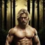 Placeholder: Tall muscaler man aged 35 with light shaggy hair which falls around his shoulders, blonde neatly trimmed beard, photorealistic, dark fantasy, forest.