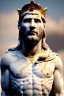 Placeholder: Realistic image, Roman sculpture made in white marble with gold veins, Lionel messi with gold laurel leaves crown, two blue brushes, decorative star on the chest, waist up portrait, marble material, gold ornaments, Baroque style, sun rays background, epic, celestial, cinematic lighting, God lights, 4k resolution, smooth details, soft lighting, unreal engine 5, art station, substance 3d.