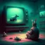 Placeholder: pig watching a tv about video game persona with a rabbit playing music beksinski style